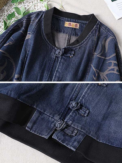 Vintage Buttoned Split-Joint Printed Long Sleeves Denim Jackets Outerwear