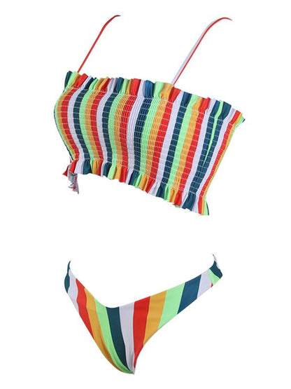 Striped Top Smocked Bikini Set