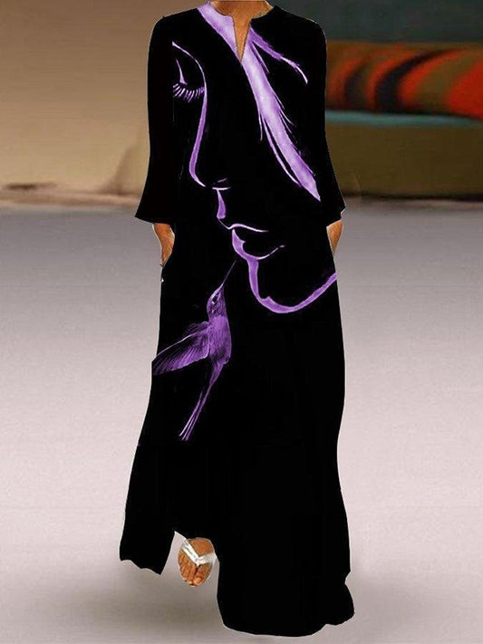 Casual Long Sleeves Printed V-Neck Maxi Dresses