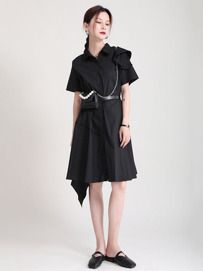 Stylish Irregular Split-Joint Falbala Buttoned Lapel Collar Short Sleeves Midi Dress