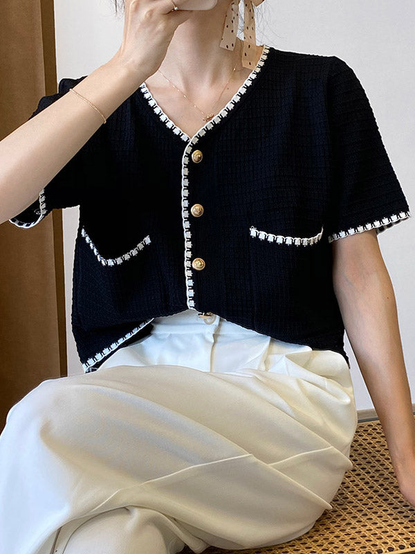 Casual Black&White V-Neck Short Sleeves Knitwear Cardigan