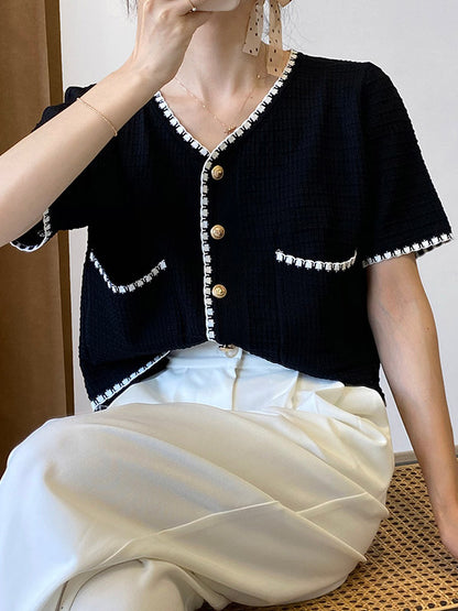 Casual Black&White V-Neck Short Sleeves Knitwear Cardigan