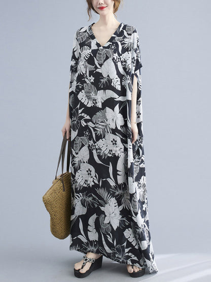 Loose Floral Printed V-Neck Half Sleeves Maxi Dress