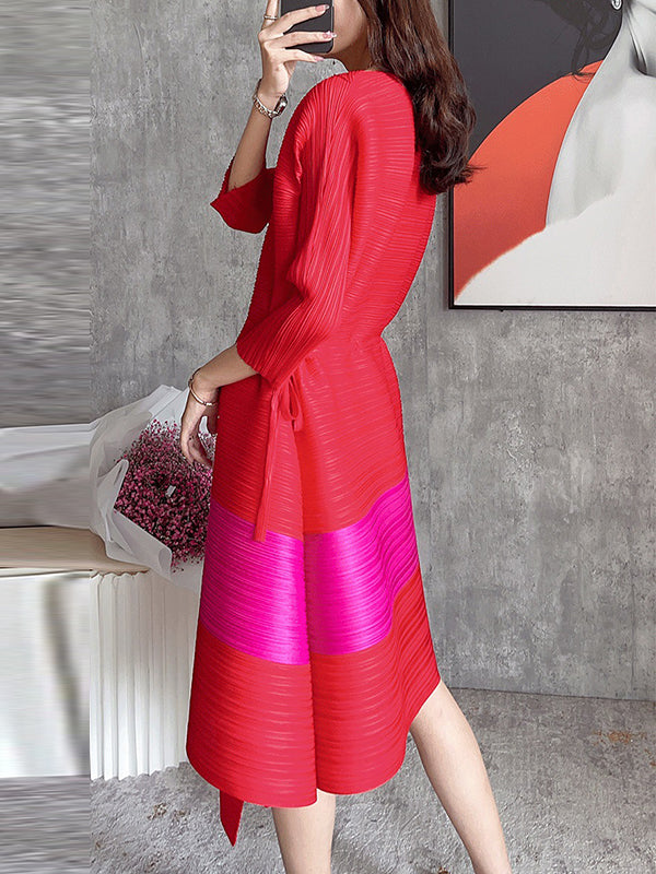 Fashion Irregular Contrast Color Pleated Drawstring Midi Dress