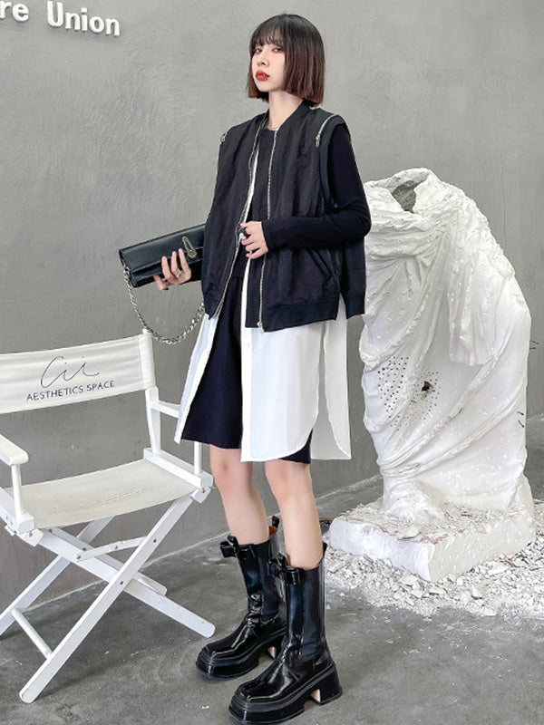 Cool Street Split-Joint Zipper Buttoned Round-Neck Sleeveless False Two Vest Outwear