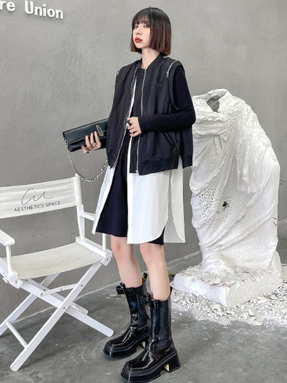 Cool Street Split-Joint Zipper Buttoned Round-Neck Sleeveless False Two Vest Outwear