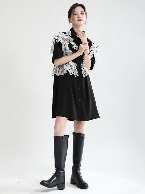 Stylish Irregular Split-Joint Polka-Dot Mesh Falbala Buttoned Lapel Collar Half Sleeves Mini Dress