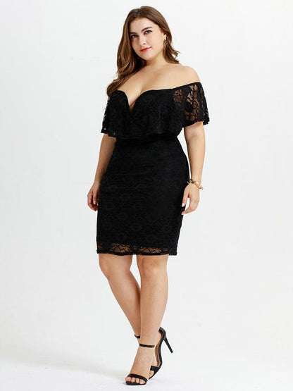 Solid Color Short Sleeve Off Shoulder Lace Mini Dress