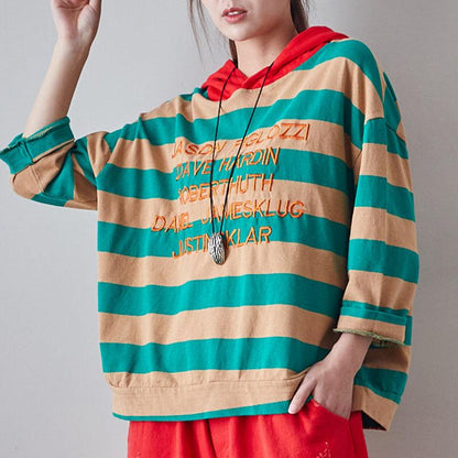 Buykud Stripes And Embroidered Letters Loose Hoodie