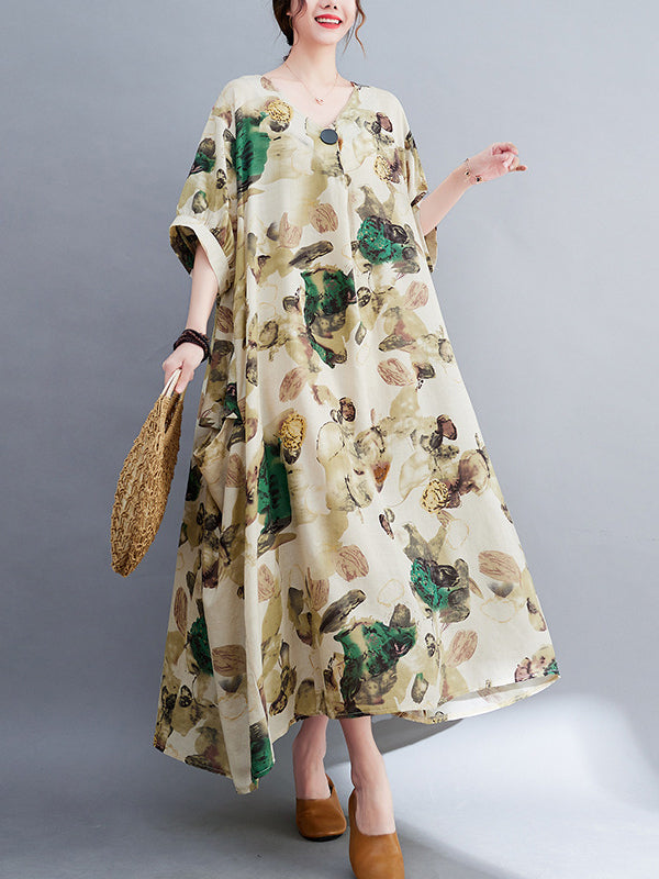 Artistic Retro Loose Floral Printed Ramie Cotton Midi Dress