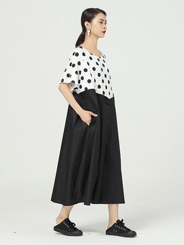 Original Split-Joint Polka-Dot Contrast Color Round-Neck Short Sleeves Midi Dress