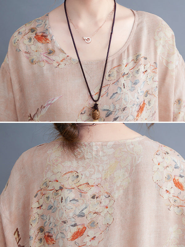 Artistic Retro Loose Floral Printed Pleated Half Sleeves Midi Dress