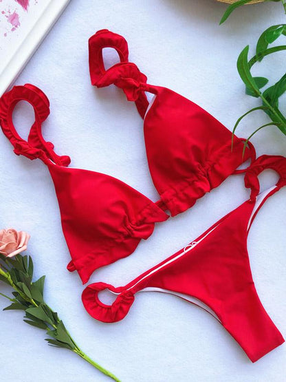 Plain Lettuce Frilled Bikini Swimsuit