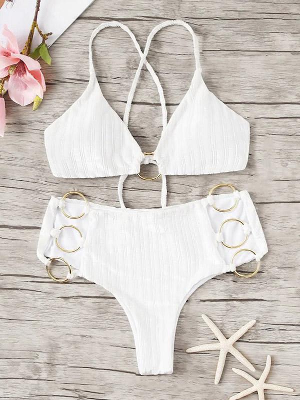 Solid Color Ring Hollow Split Bikini Swimsuit