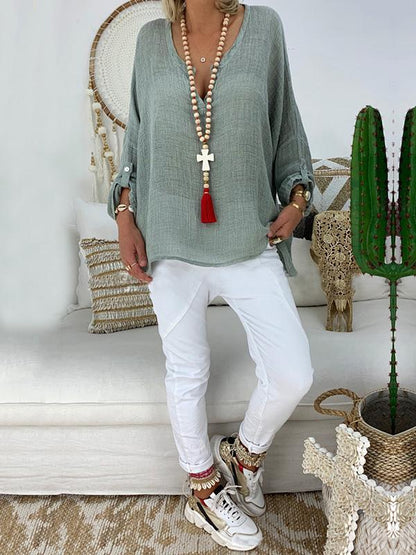 Solid Color V-neck Loose Blouses&Shirts Tops