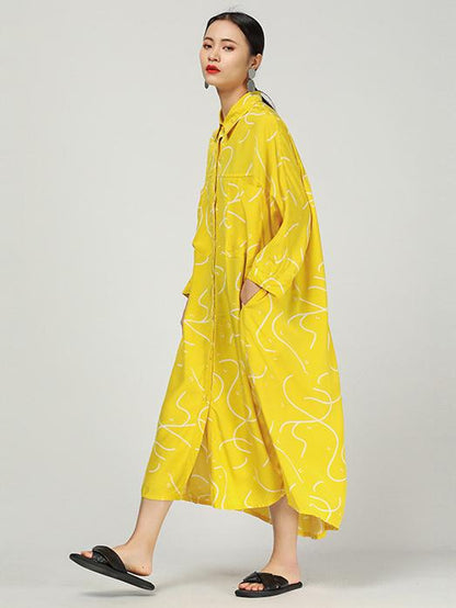 Original Ramie Cotton Printed Lapel Long Blouse Dress