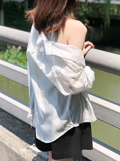 Casual Loose Solid Color Lapel Collar Long Sleeves Shirts