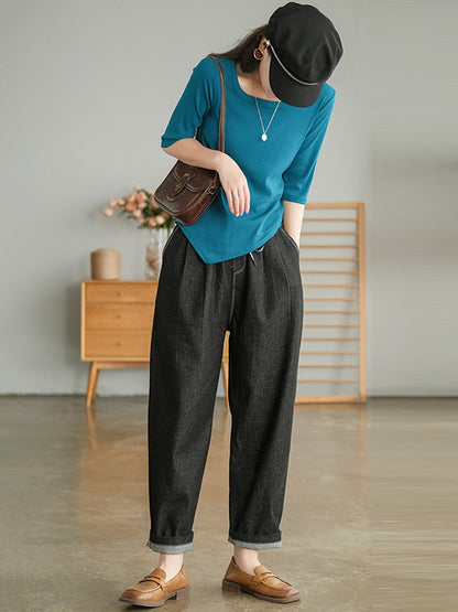Simple Asymmetric Irregular Clipping Round-Neck Short Sleeves T-Shirt