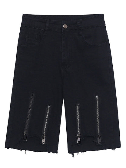 Hip-Hop Stylish Black Irregular Clipping Fringed Zipper Wrap Denim Shorts