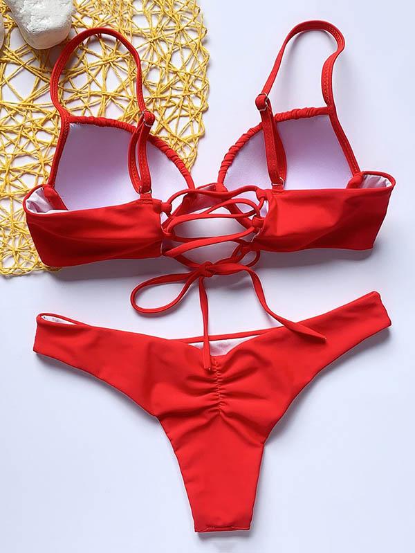 Solid Color Ruffled Bandage Split Bikini Swimsuit