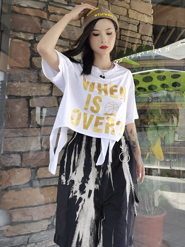 Stylish Letter&Character Print Asymmetric Short T-Shirt