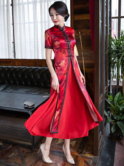 Two Pieces Red Ao Dai Long Cheongsam