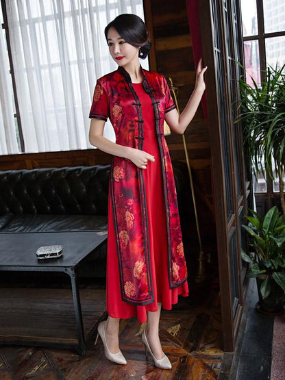 Two Pieces Red Ao Dai Long Cheongsam