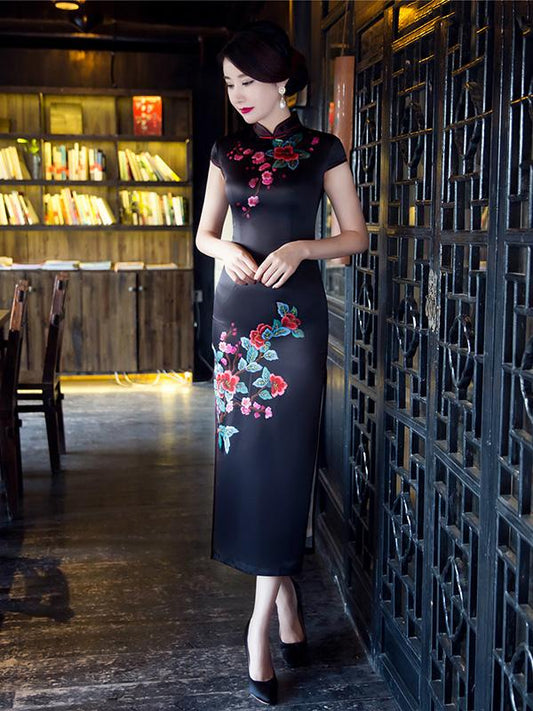 Black Floral Side Split Long Cheongsam