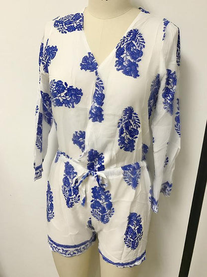 Sweet White and Blue Floral Long Sleeve Deep V Neck Jumpsuit