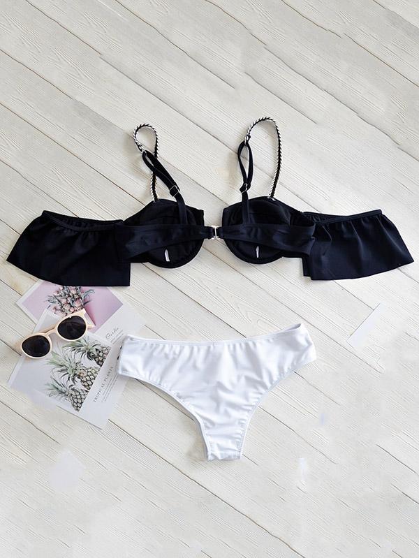 Falbala Sleeves Strapless Split Bikini Swimsuit