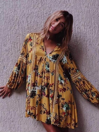 Yellow Floral Flared Sleeves V-neck Mini Dress