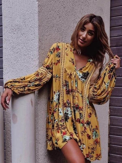 Yellow Floral Flared Sleeves V-neck Mini Dress