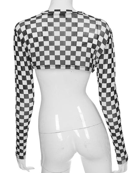 Grid Printed Long Sleeve Cropped Tees