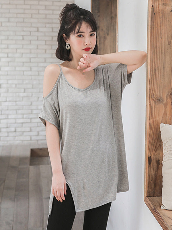 Casual Solid Color Asymmetric Cold Shoulder Spaghetti-Neck T-Shirt