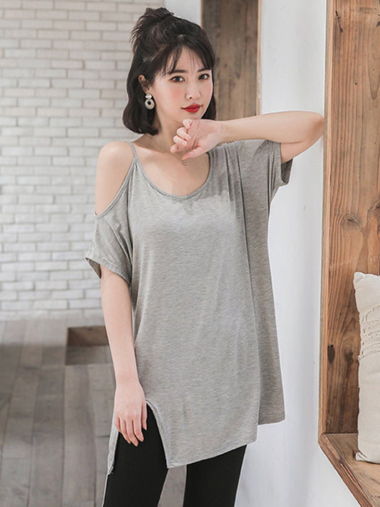 Casual Solid Color Asymmetric Cold Shoulder Spaghetti-Neck T-Shirt
