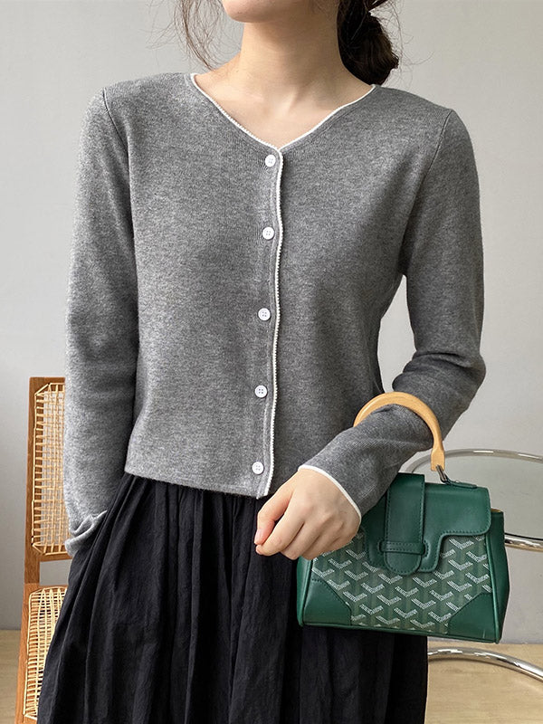 Chic Simple 4 Colors Buttoned V-Neck Long Sleeves Knitted Cardigan