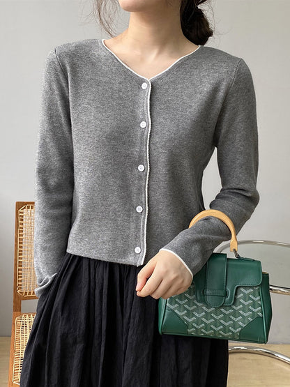 Chic Simple 4 Colors Buttoned V-Neck Long Sleeves Knitted Cardigan