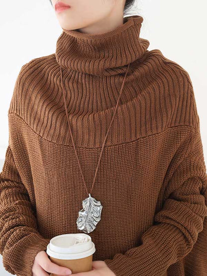 Casual Solid Color High-Neck Long Sleeves Knitted Sweater Midi Dress