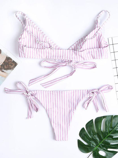 Falbala Striped Lace Up Bikini Swimsuit