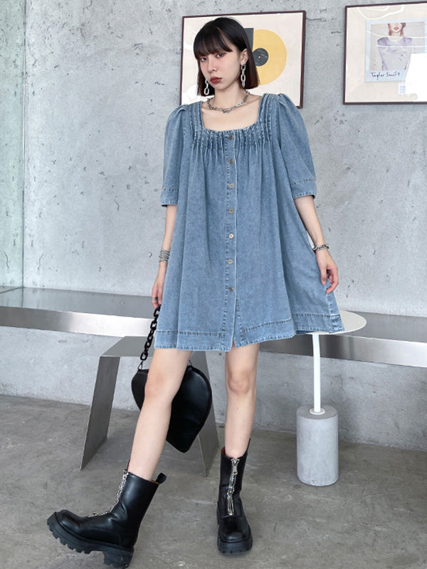 Stylish Denim Blue Pleated Square-Neck Half Sleeves H-Line Mini Dress