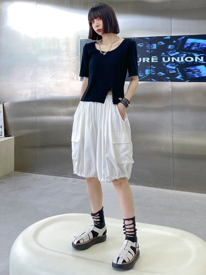 Stylish Loose Elastics High Waisted With Pocket Short Knickerbockers