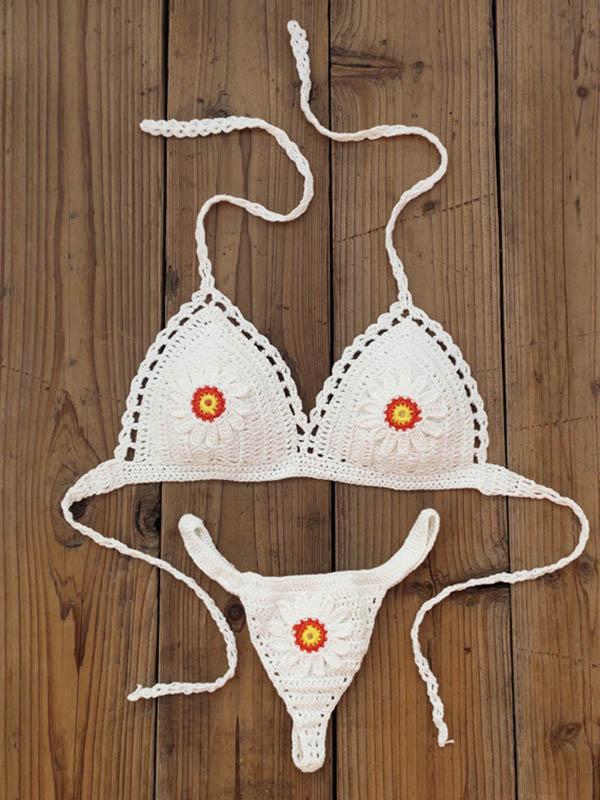 Crochet Floral Split Bikini Swimsuit