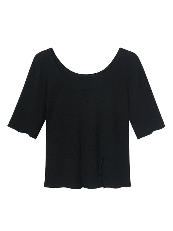 Casual Solid Color Split-Side Short Sleeves U-Neck Shirts