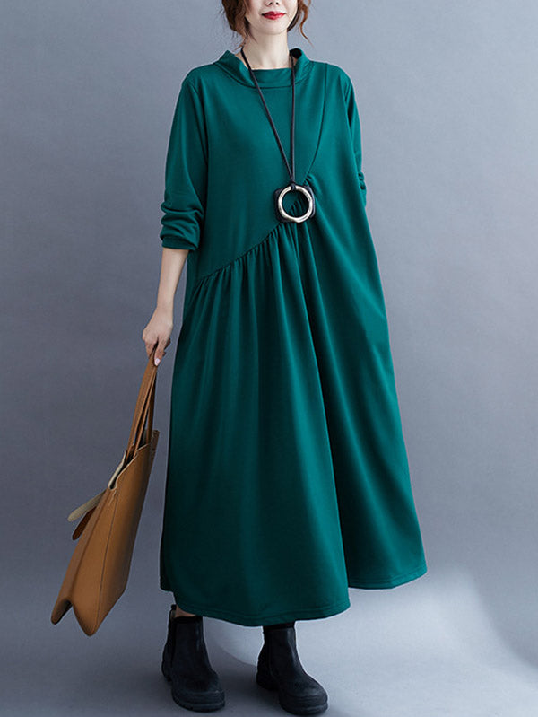 Simple Solid Color Asymmetric Split-Joint Long Sleeve Midi Dress