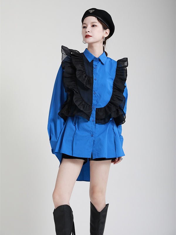Stylish Irregular Contrast Color Split-Joint Falbala Mesh Drawstring Buttoned Lapel Collar Long Sleeves Blouse