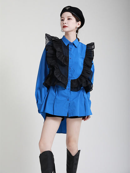 Stylish Irregular Contrast Color Split-Joint Falbala Mesh Drawstring Buttoned Lapel Collar Long Sleeves Blouse