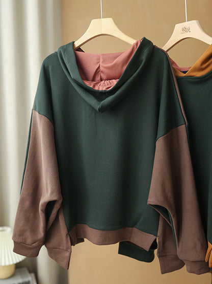 Casual Split-Joint Contrast Color Batwing Sleeve Hoodies