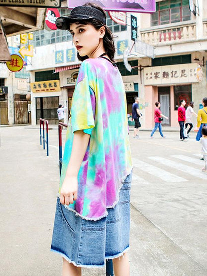 Loose Denim Fringed Split-joint Printed T-Shirt Dress