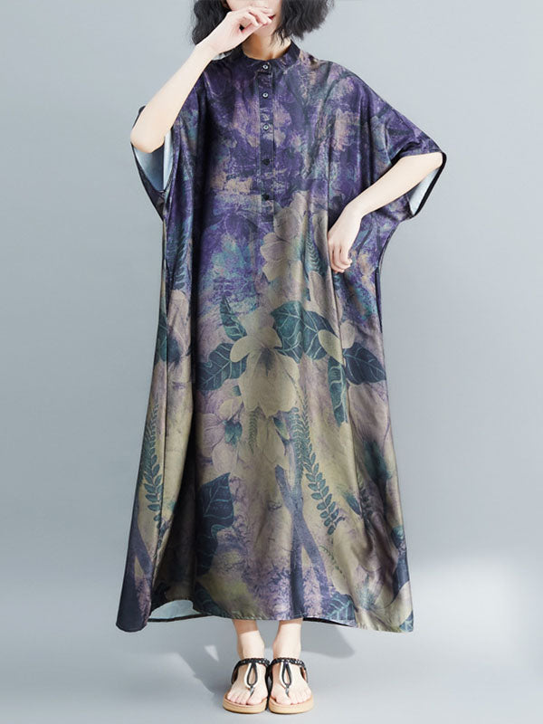 Vintage Loose Printed Stand Collar Batwing Sleeves Maxi Dress