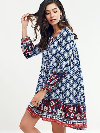 Beautiful Blue Bohemia Long Sleeve Round Neck Beach Mini Dress